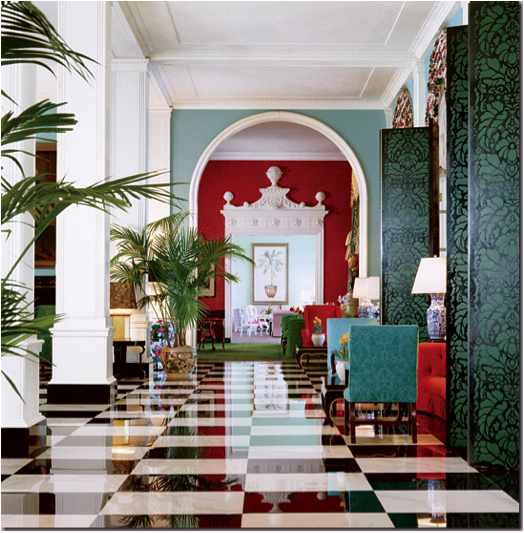 Dorothy Draper lobby at the Greenbrier as seen on The Hollywood Regency Files blog.